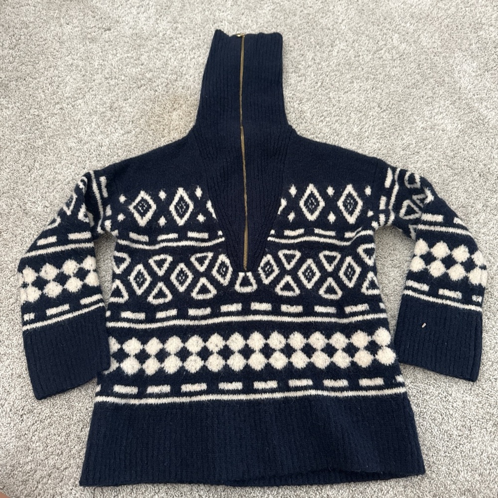 J. Crew Blue and White Cowl Neck Sweater with Geometric Patterns